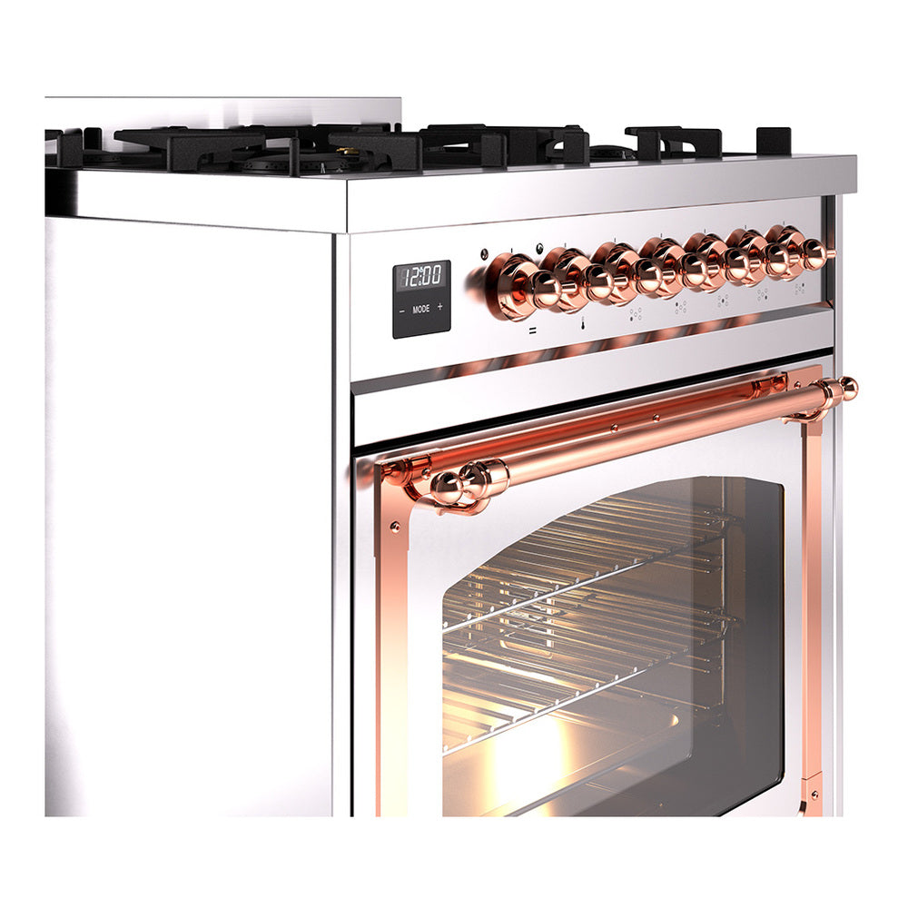 ILVE Nostalgie II Noblesse 30-Inch Propane Gas Dual Fuel Range with Triple Glass Door in Stainless Steel with Copper Trim (UN30NMPSSPLP)
