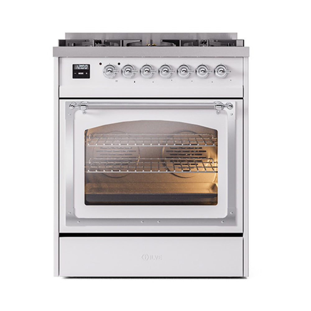 ILVE Nostalgie II Noblesse 30-Inch Natural Gas Dual Fuel Range with Triple Glass Door in White with Chrome Trim (UN30NMPWHC)