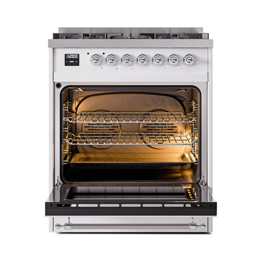 ILVE Nostalgie II Noblesse 30-Inch Natural Gas Dual Fuel Range with Triple Glass Door in White with Chrome Trim (UN30NMPWHC)