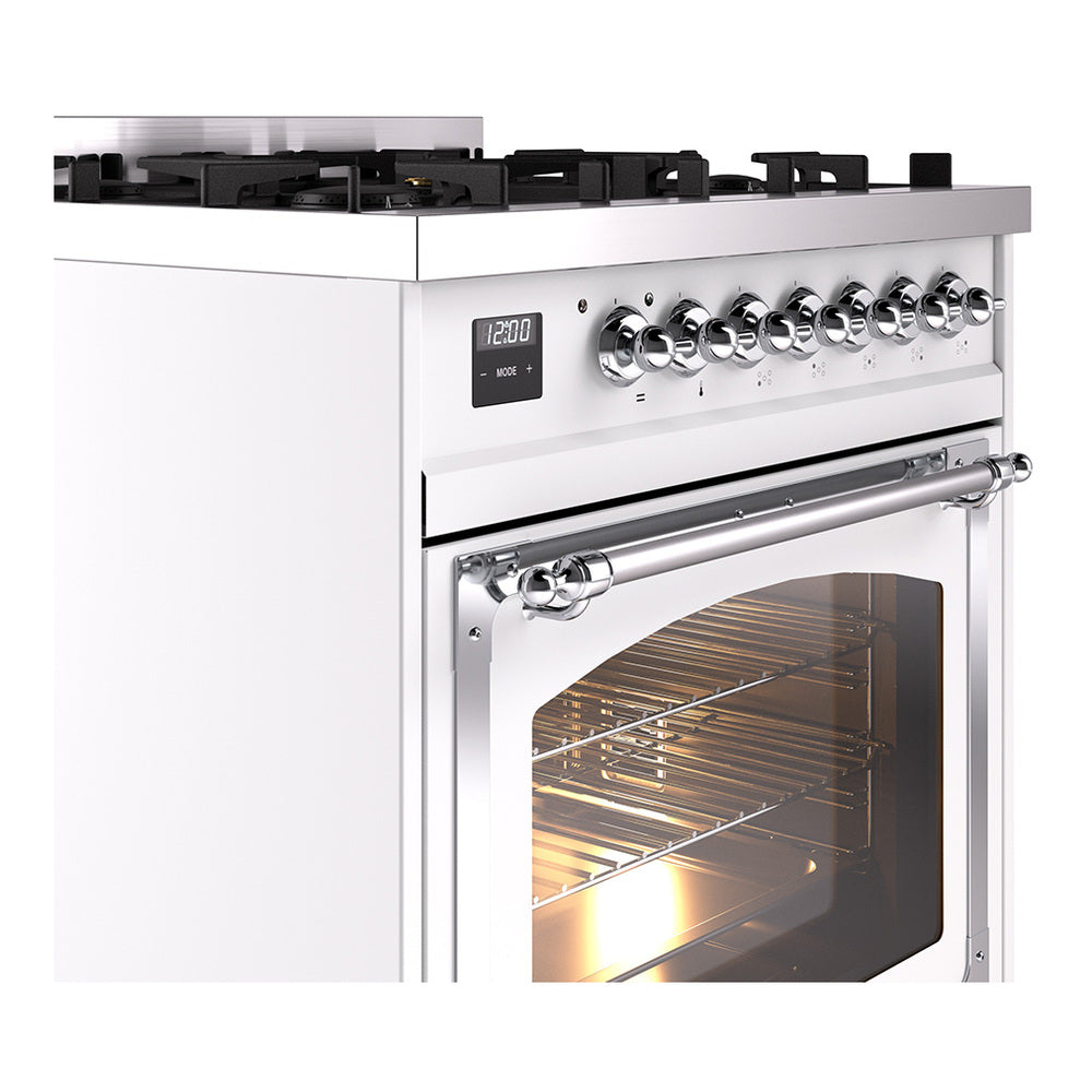 ILVE Nostalgie II Noblesse 30-Inch Propane Gas Dual Fuel Range with Triple Glass Door in White with Chrome Trim (UN30NMPWHCLP)