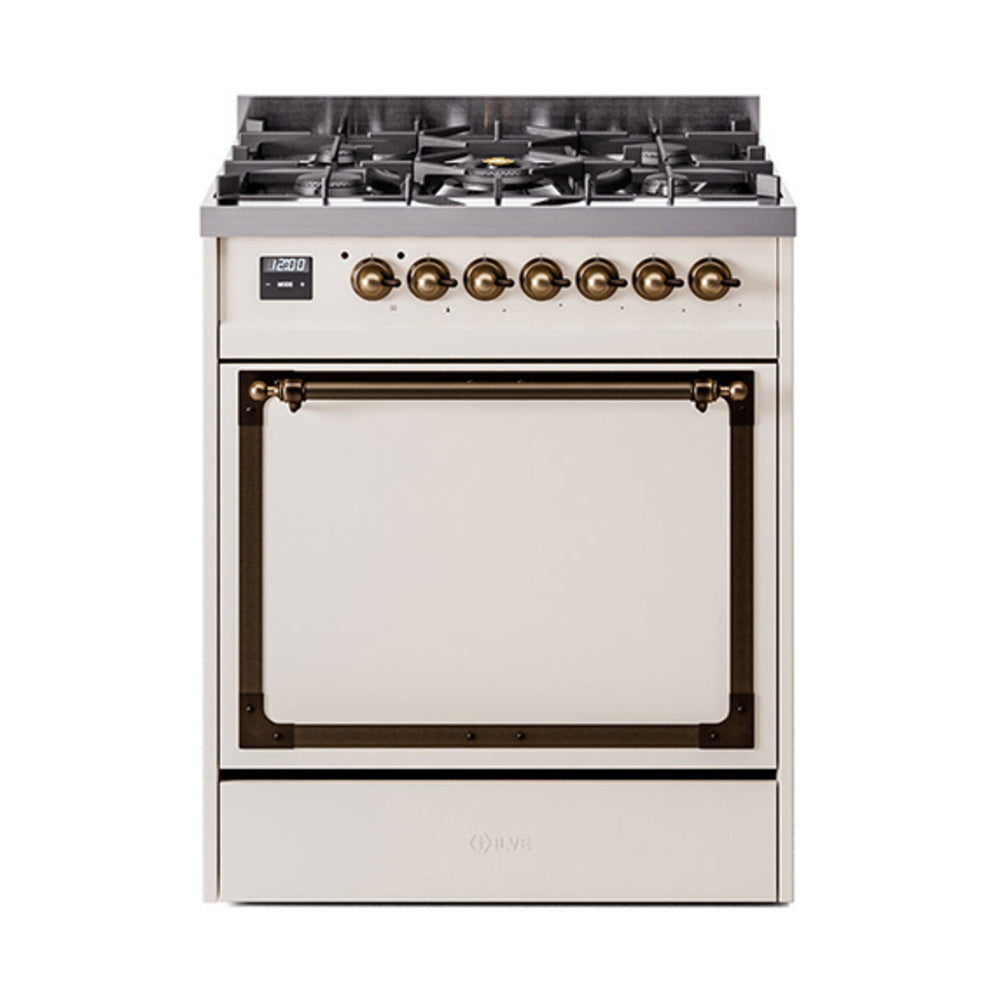 ILVE Nostalgie II Noblesse 30-Inch Propane Gas Dual Fuel Range with Solid Door in Antique White with Burnished Bronze Trim (UN30QNMPAWBLP)