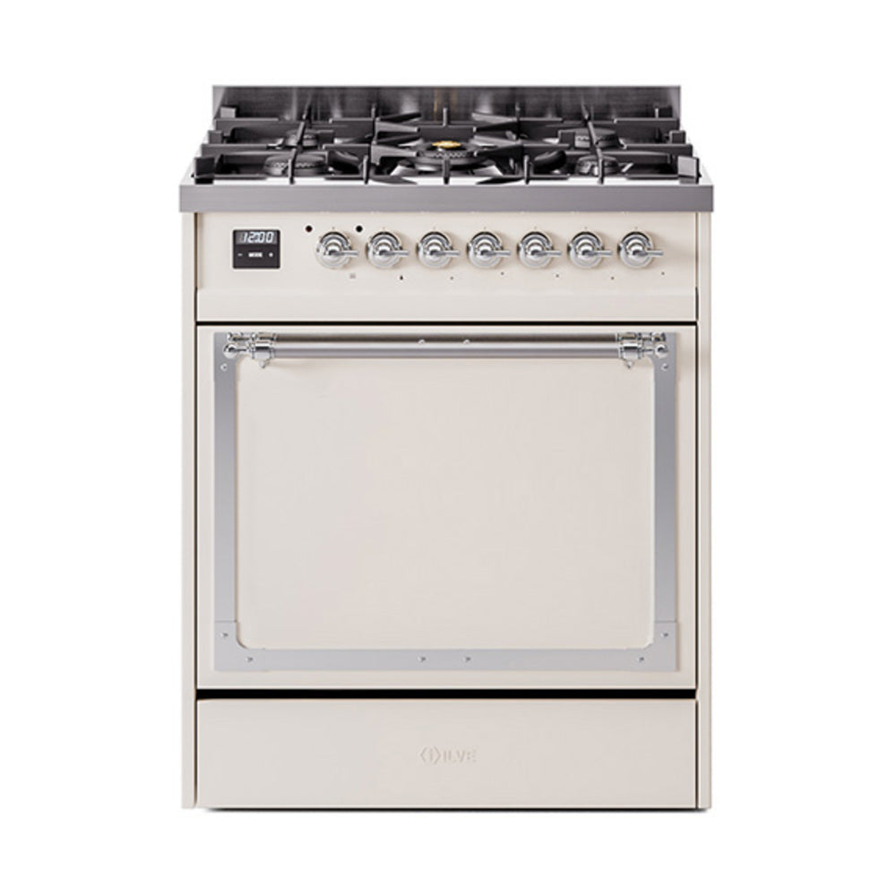 ILVE Nostalgie II Noblesse 30-Inch Natural Gas Dual Fuel Range with Solid Door in Antique White with Chrome Trim (UN30QNMPAWC)