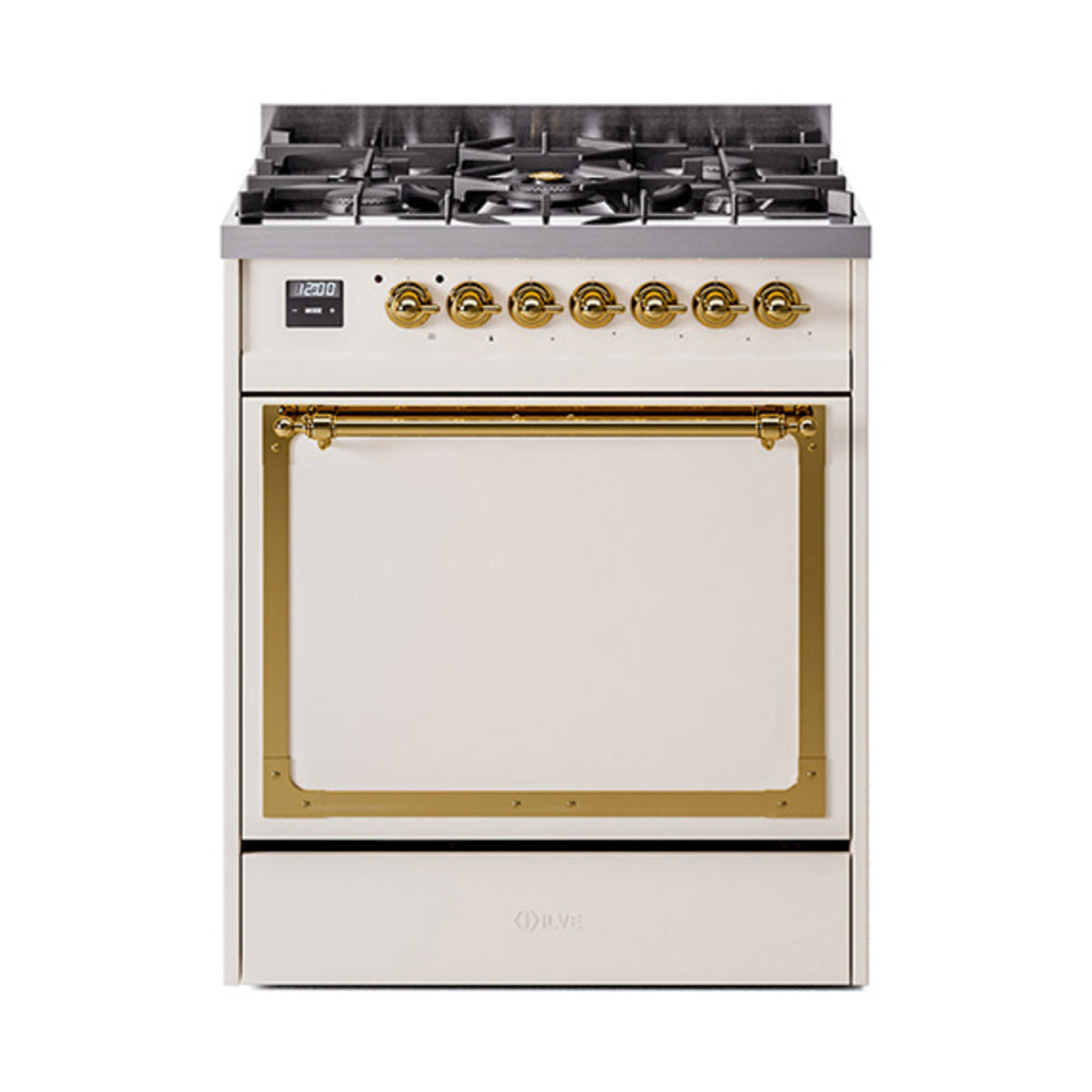 ILVE Nostalgie II Noblesse 30-Inch Propane Gas Dual Fuel Range with Solid Door in Antique White with Brass Trim (UN30QNMPAWGLP)
