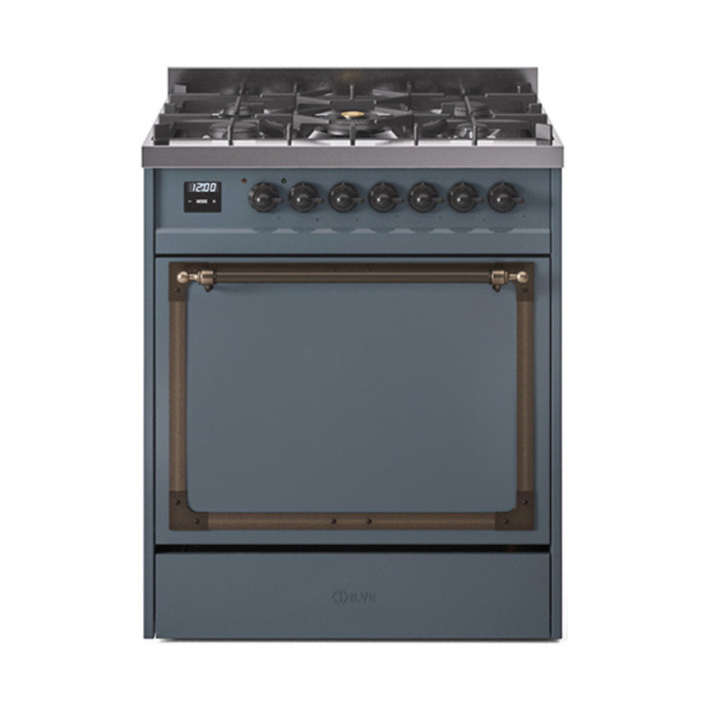 ILVE Nostalgie II Noblesse 30-Inch Propane Gas Dual Fuel Range with Solid Door in Blue Grey with Burnished Bronze Trim (UN30QNMPBGBLP)