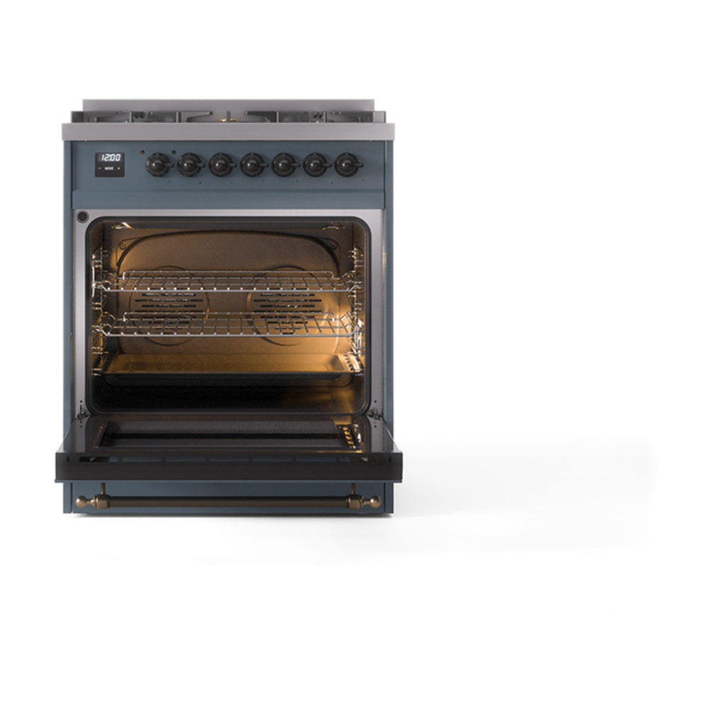 ILVE Nostalgie II Noblesse 30-Inch Propane Gas Dual Fuel Range with Solid Door in Blue Grey with Burnished Bronze Trim (UN30QNMPBGBLP)
