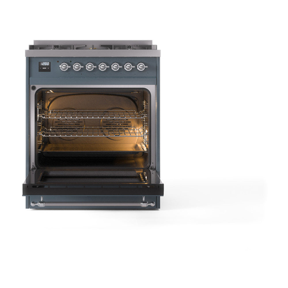 ILVE Nostalgie II Noblesse 30-Inch Propane Gas Dual Fuel Range with Solid Door in Blue Grey with Chrome Trim (UN30QNMPBGCLP)