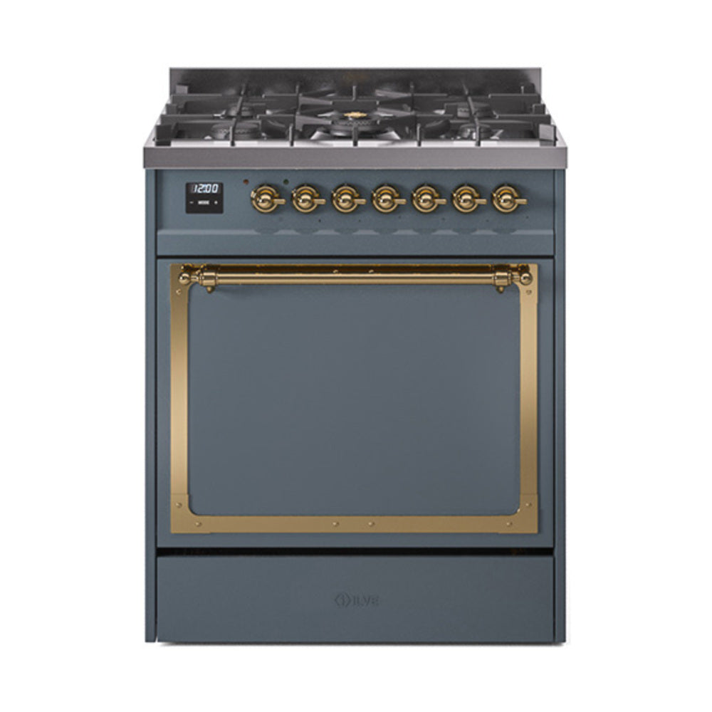 ILVE Nostalgie II Noblesse 30-Inch Propane Gas Dual Fuel Range, Solid Door Oven, Blue Grey with Brass Trim (UN30QNMPBGGLP)