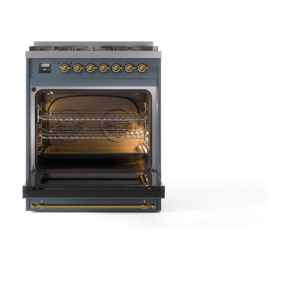 ILVE Nostalgie II Noblesse 30-Inch Natural Gas Dual Fuel Range with Solid Door in Blue Grey with Brass Trim (UN30QNMPBGG)