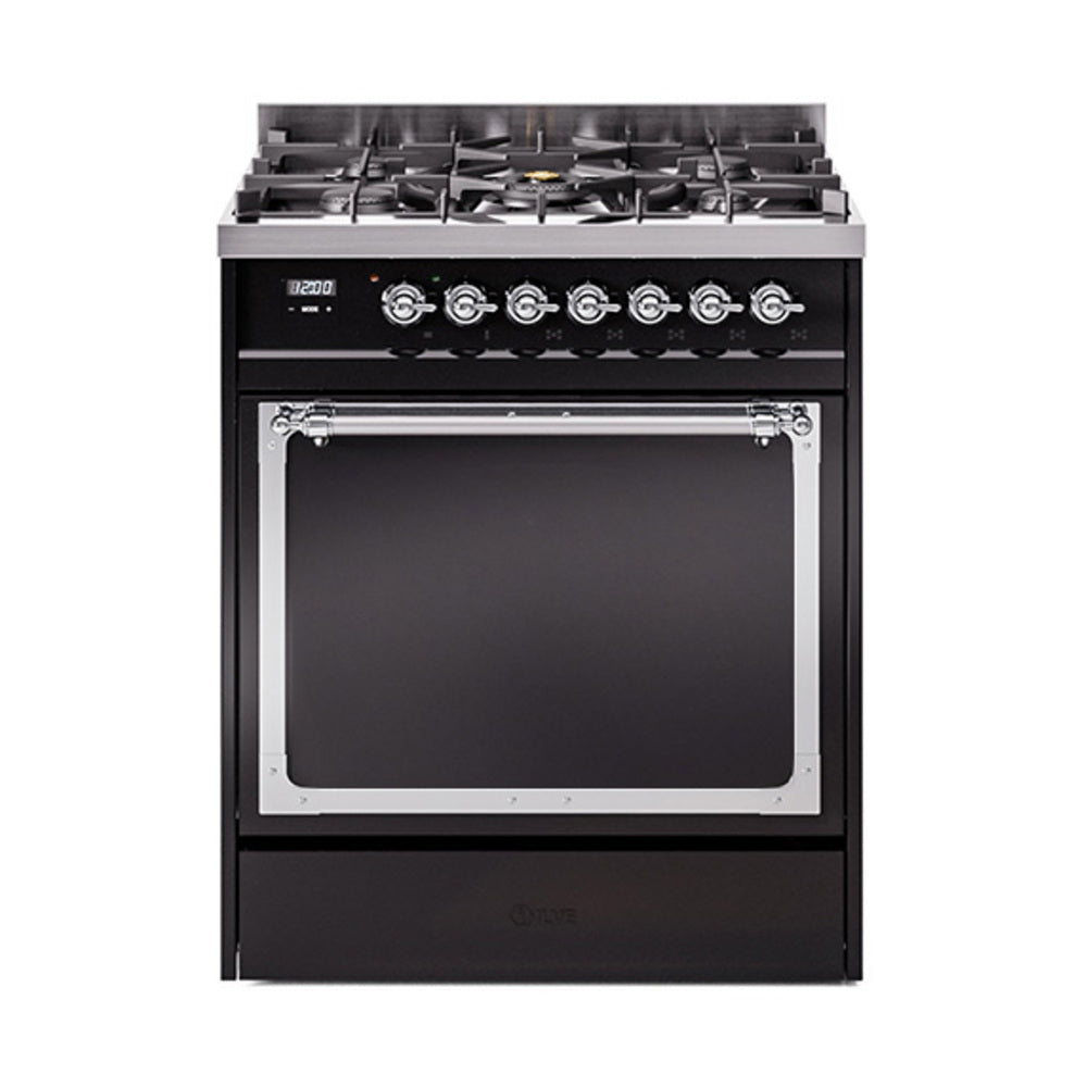 ILVE Nostalgie II Noblesse 30-Inch Propane Gas Dual Fuel Range, Solid Door Oven, Glossy Black with Chrome Trim (UN30QNMPBKCLP)