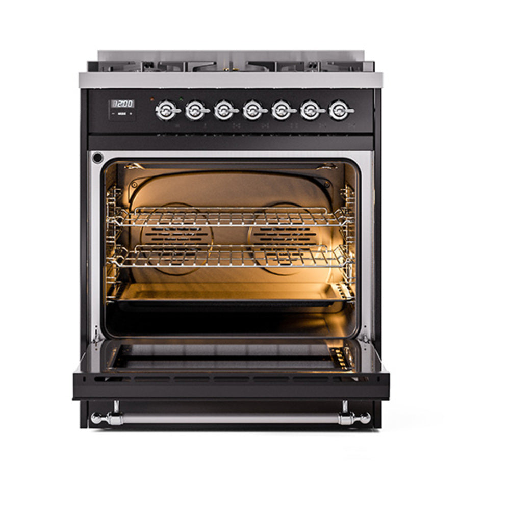 ILVE Nostalgie II Noblesse 30-Inch Propane Gas Dual Fuel Range, Solid Door Oven, Glossy Black with Chrome Trim (UN30QNMPBKCLP)