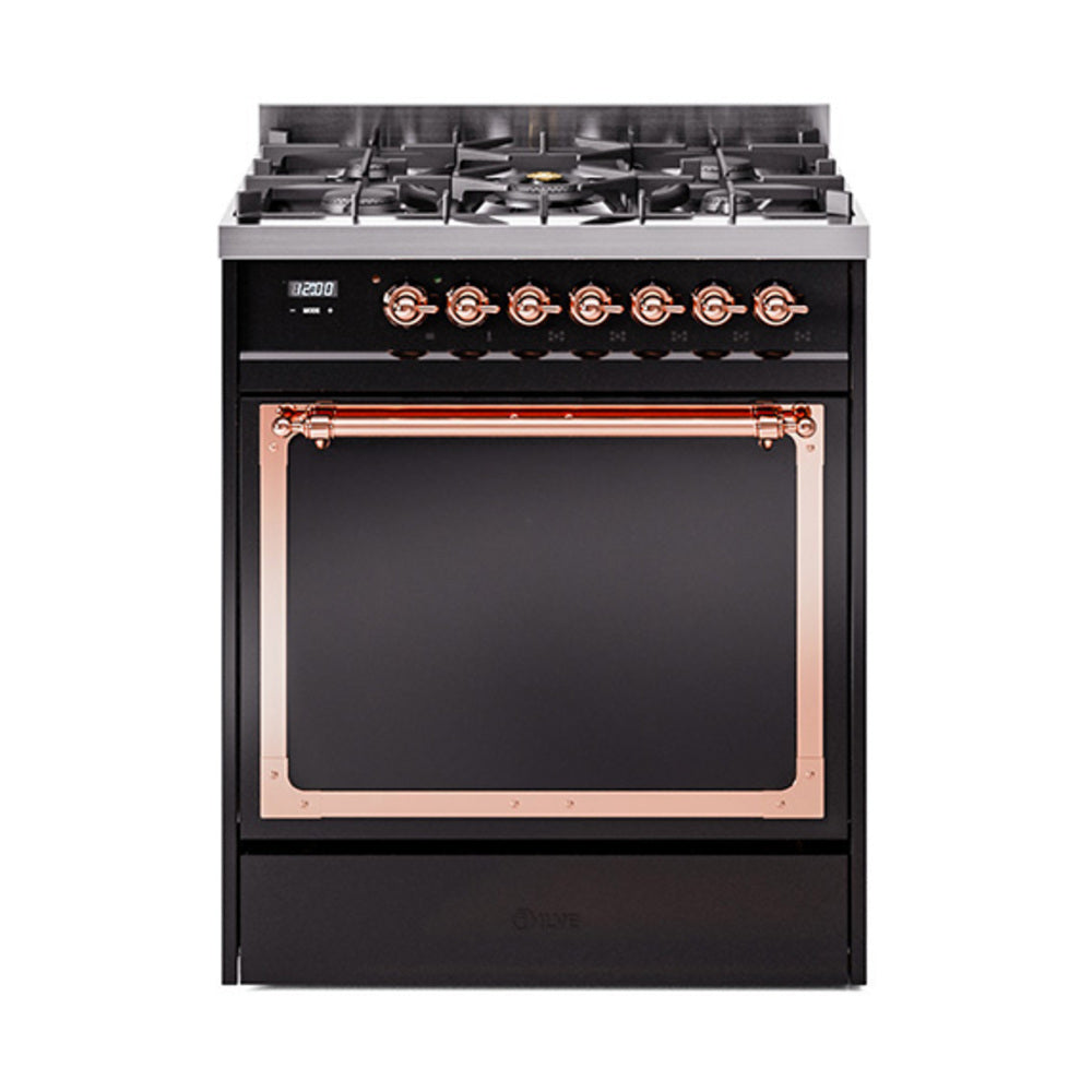 ILVE Nostalgie II Noblesse 30-Inch Propane Gas Dual Fuel Range, Solid Door Oven, Glossy Black with Copper Trim (UN30QNMPBKPLP)