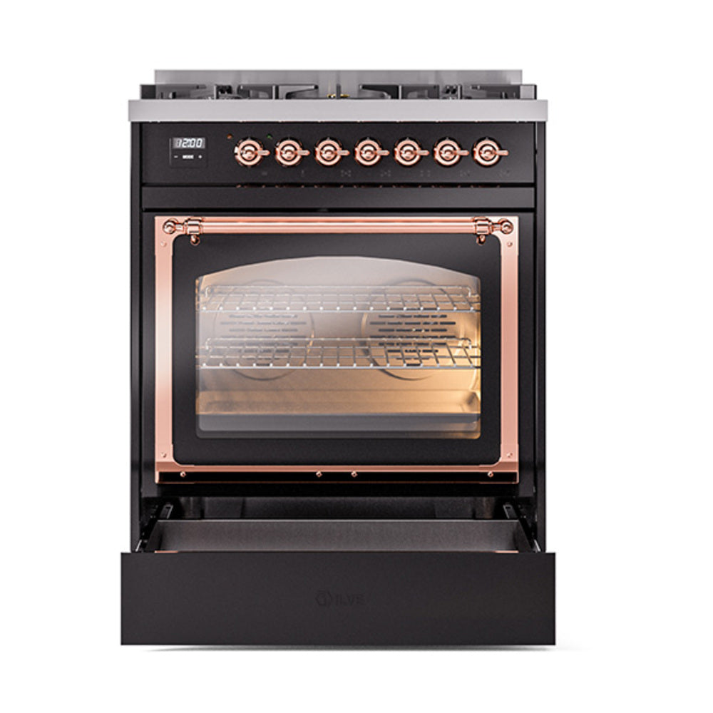 ILVE Nostalgie II Noblesse 30-Inch Propane Gas Dual Fuel Range, Solid Door Oven, Glossy Black with Copper Trim (UN30QNMPBKPLP)