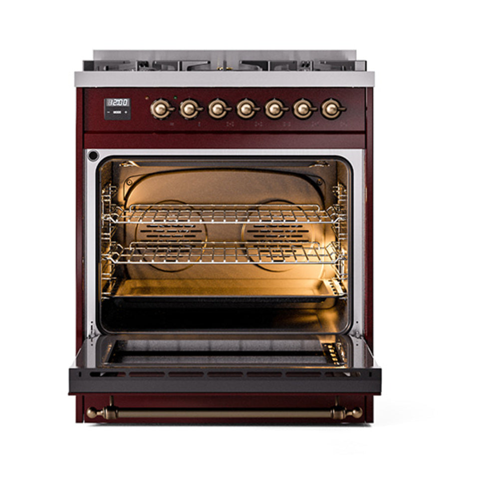 ILVE Nostalgie II Noblesse 30-Inch Propane Gas Dual Fuel Range with Solid Door in Burgundy with Burnished Bronze Trim (UN30QNMPBUBLP)