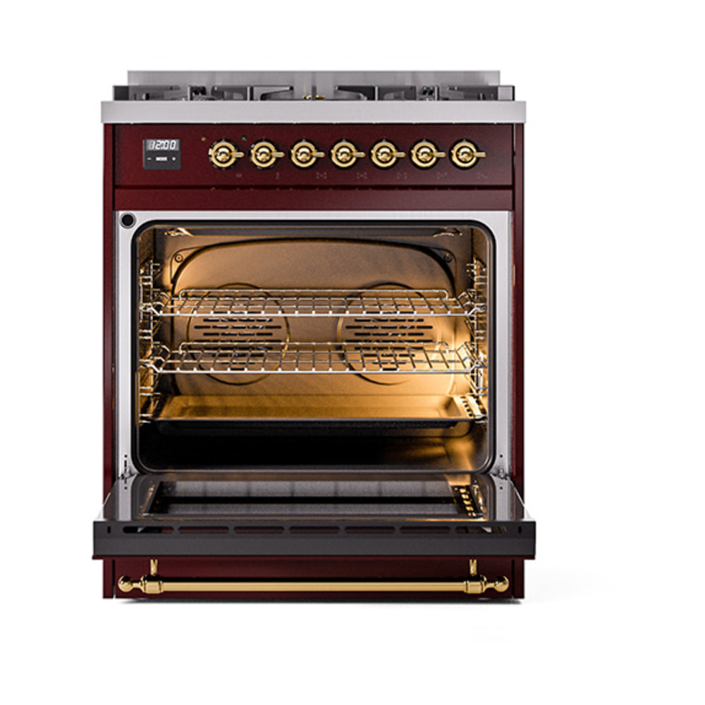 ILVE Nostalgie II Noblesse 30-Inch Natural Gas Dual Fuel Range with Solid Door in Burgundy with Brass Trim (UN30QNMPBUG)
