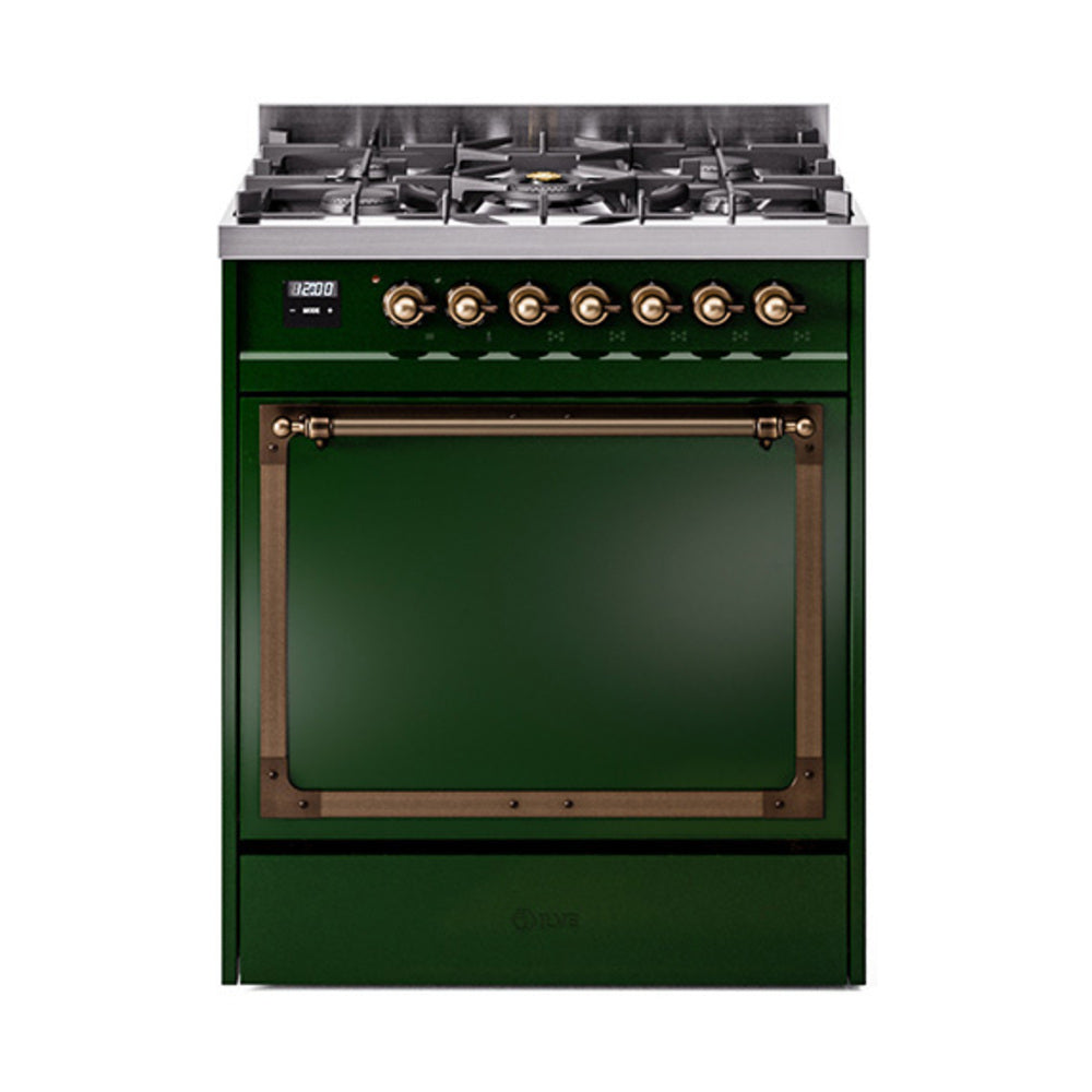 ILVE Nostalgie II Noblesse 30-Inch Propane Gas Dual Fuel Range, Solid Door Oven, Emerald Green with Burnished Bronze Trim (UN30QNMPEGBLP)