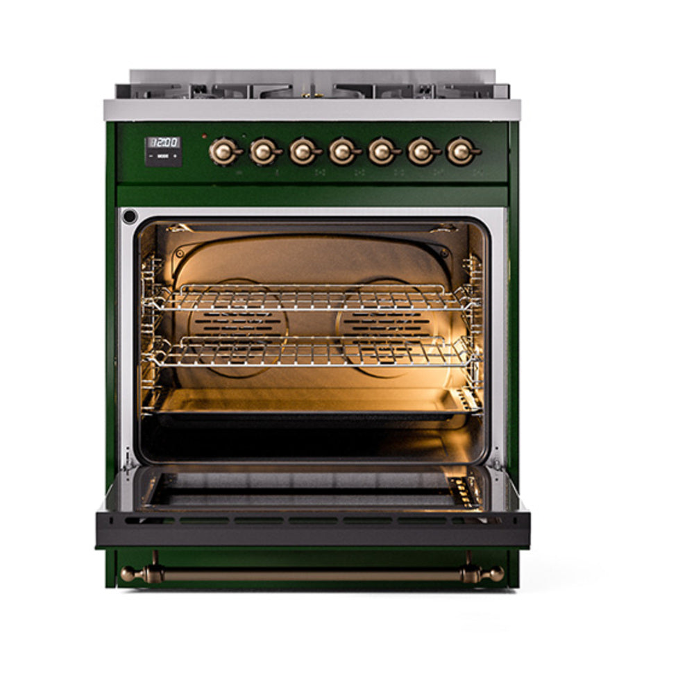 ILVE Nostalgie II Noblesse 30-Inch Propane Gas Dual Fuel Range, Solid Door Oven, Emerald Green with Burnished Bronze Trim (UN30QNMPEGBLP)