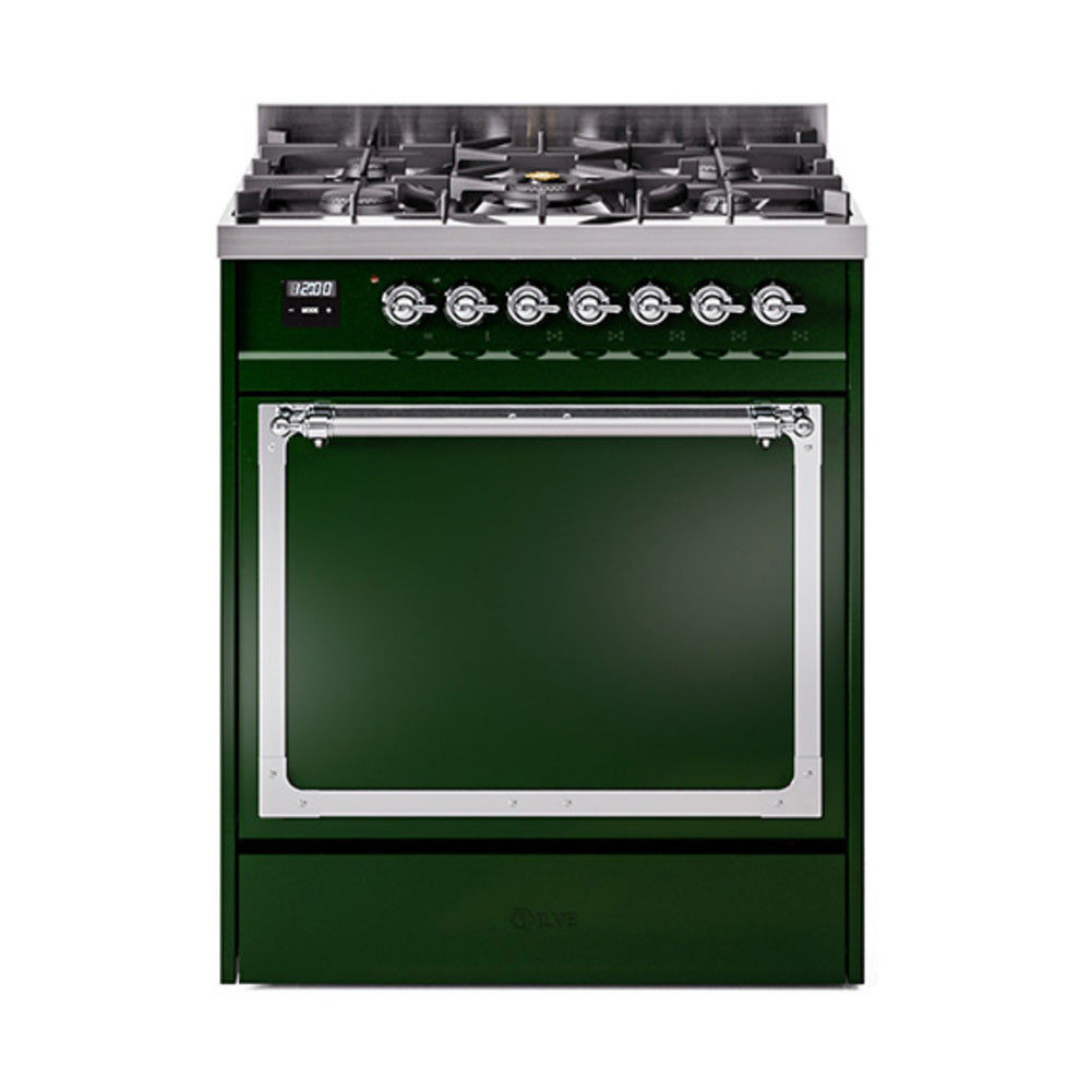 ILVE Nostalgie II Noblesse 30-Inch Natural Gas Dual Fuel Range with Solid Door in Emerald Green with Chrome Trim (UN30QNMPEGC)