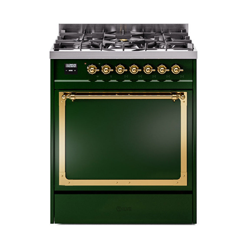 ILVE Nostalgie II Noblesse 30-Inch Propane Gas Dual Fuel Range with Solid Door in Emerald Green with Brass Trim (UN30QNMPEGGLP)