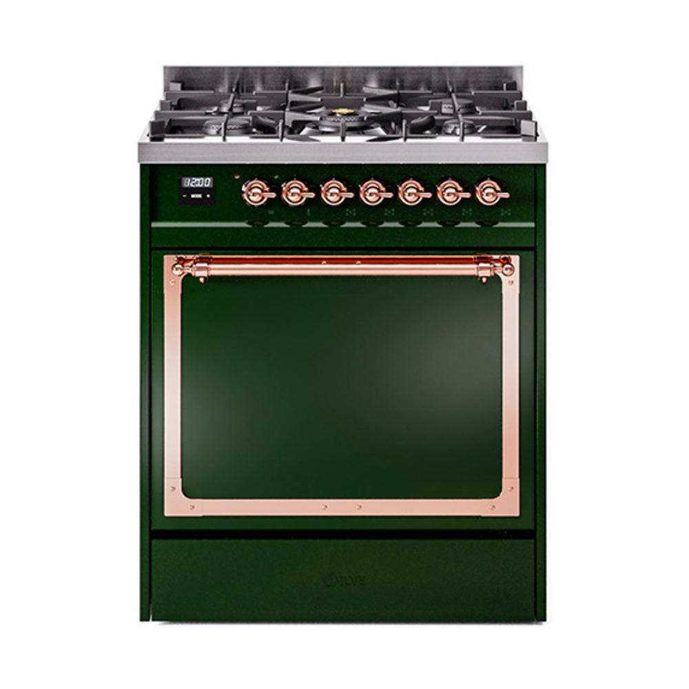 ILVE Nostalgie II Noblesse 30-Inch Propane Gas Dual Fuel Range with Solid Door in Emerald Green with Copper Trim (UN30QNMPEGPLP)