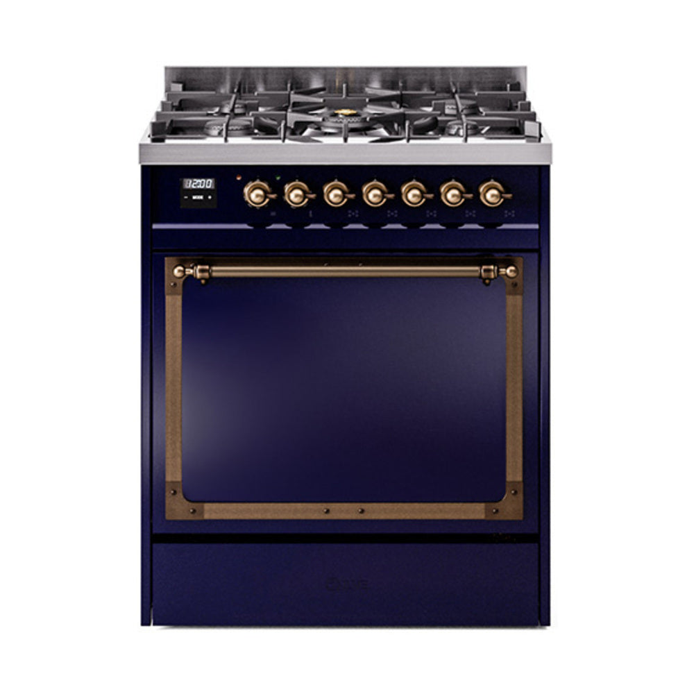ILVE Nostalgie II Noblesse 30-Inch Natural Gas Dual Fuel Range with Solid Door in Midnight Blue with Burnished Bronze Trim (UN30QNMPMBB)