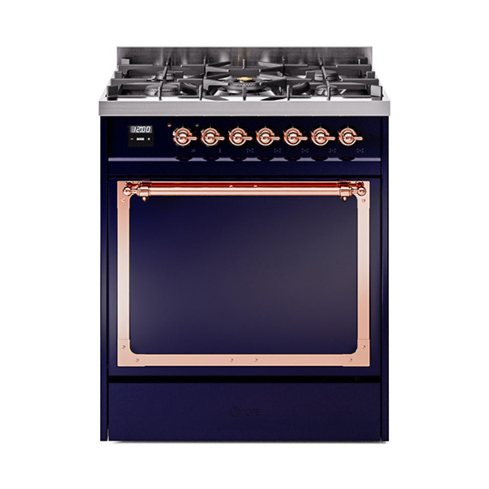 ILVE Nostalgie II Noblesse 30-Inch Propane Gas Dual Fuel Range with Solid Door in Midnight Blue with Copper Trim (UN30QNMPMBPLP)