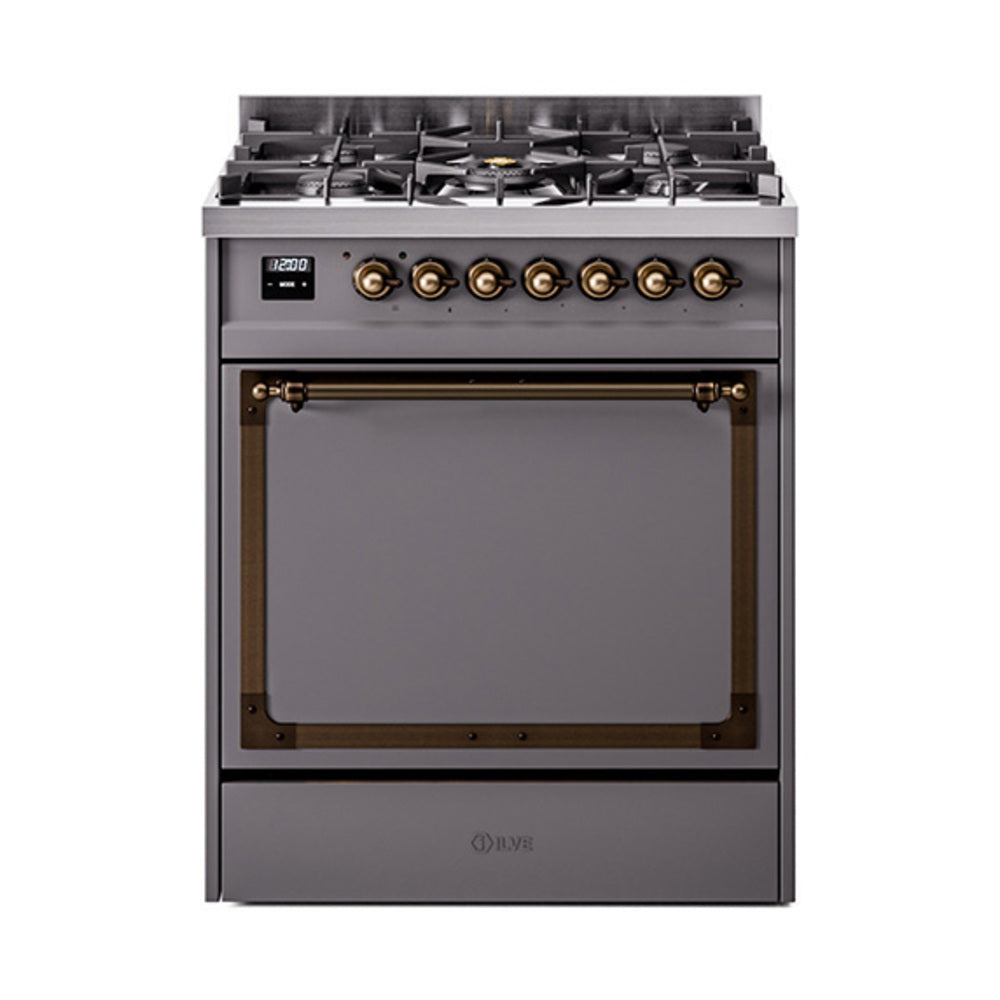 ILVE Nostalgie II Noblesse 30-Inch Propane Gas Dual Fuel Range with Solid Door in Matte Graphite with Burnished Bronze Trim (UN30QNMPMGBLP)