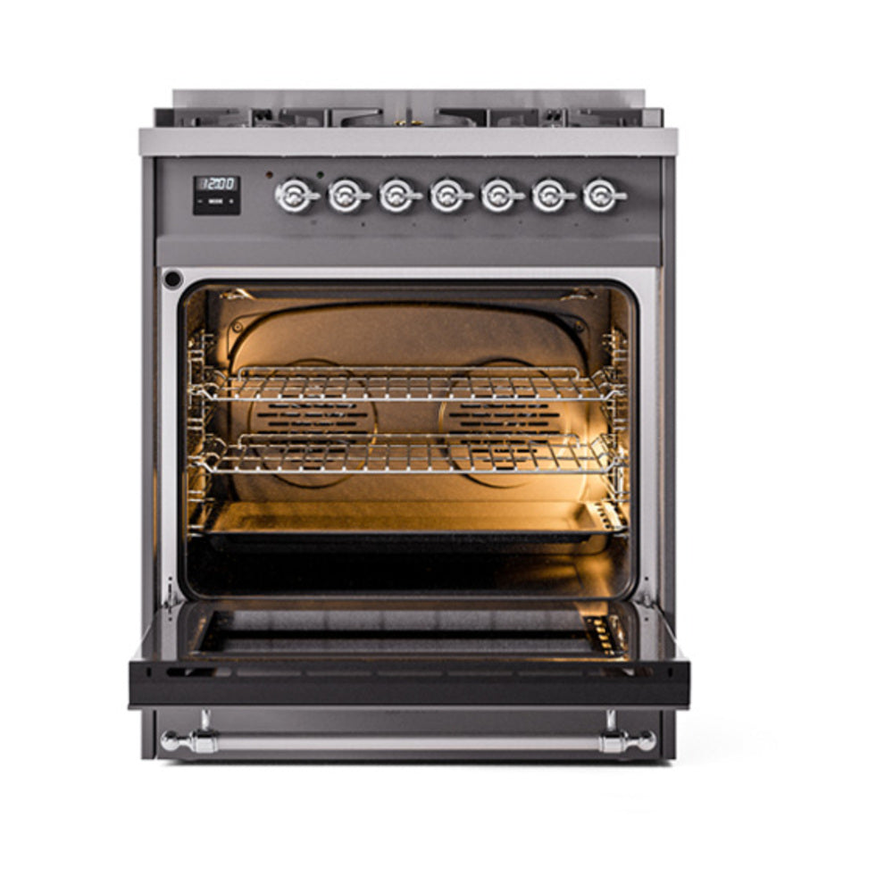 ILVE Nostalgie II Noblesse 30-Inch Propane Gas Dual Fuel Range with Solid Door in Matte Graphite with Chrome Trim (UN30QNMPMGCLP)