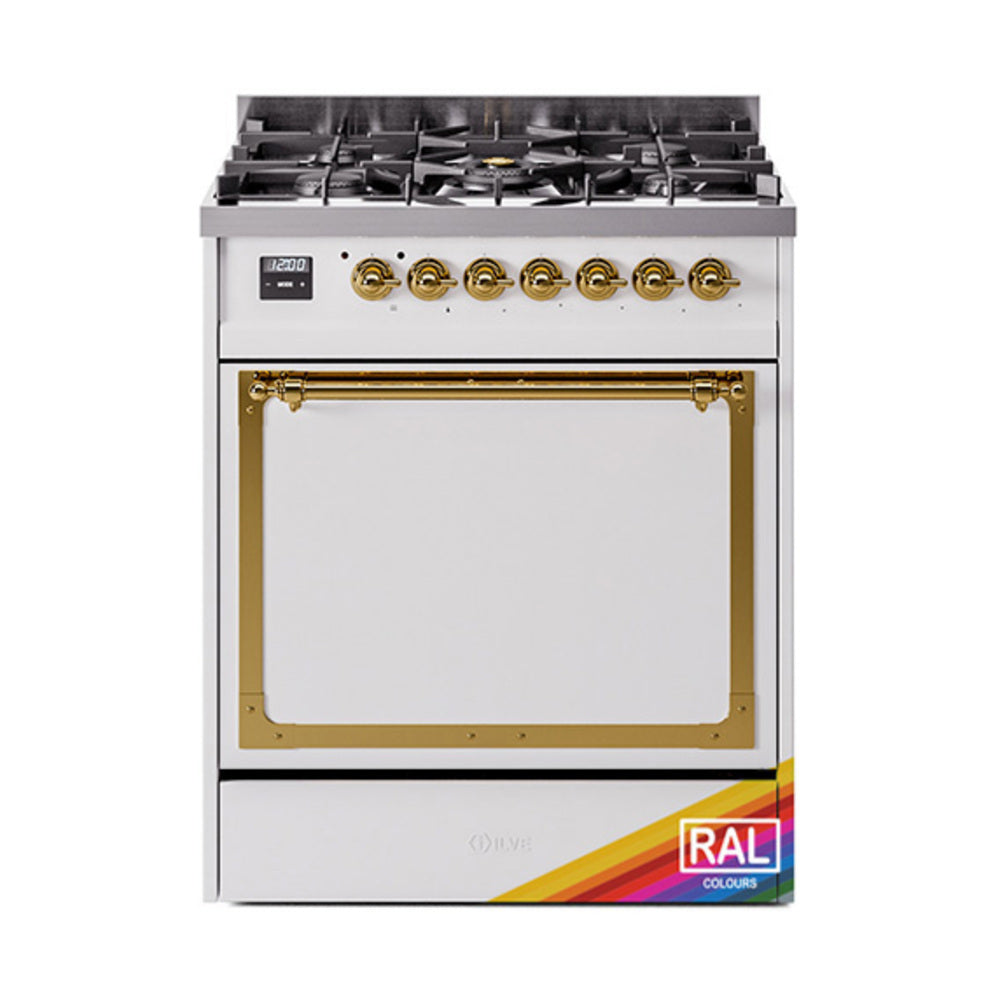 ILVE Nostalgie II Noblesse 30-Inch Propane Gas Dual Fuel Range, Solid Door Oven, RAL with Brass Trim (UN30QNMPRAGLP)