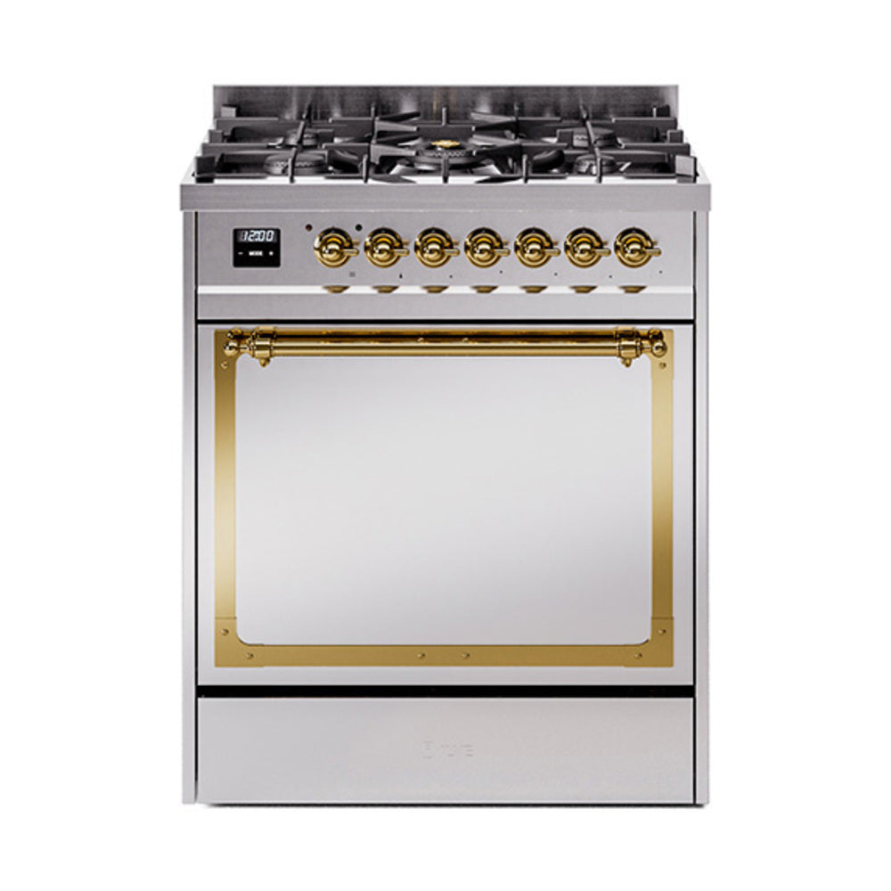 ILVE Nostalgie II Noblesse 30-Inch Natural Gas Dual Fuel Range with Solid Door in Stainless Steel with Brass Trim (UN30QNMPSSG)