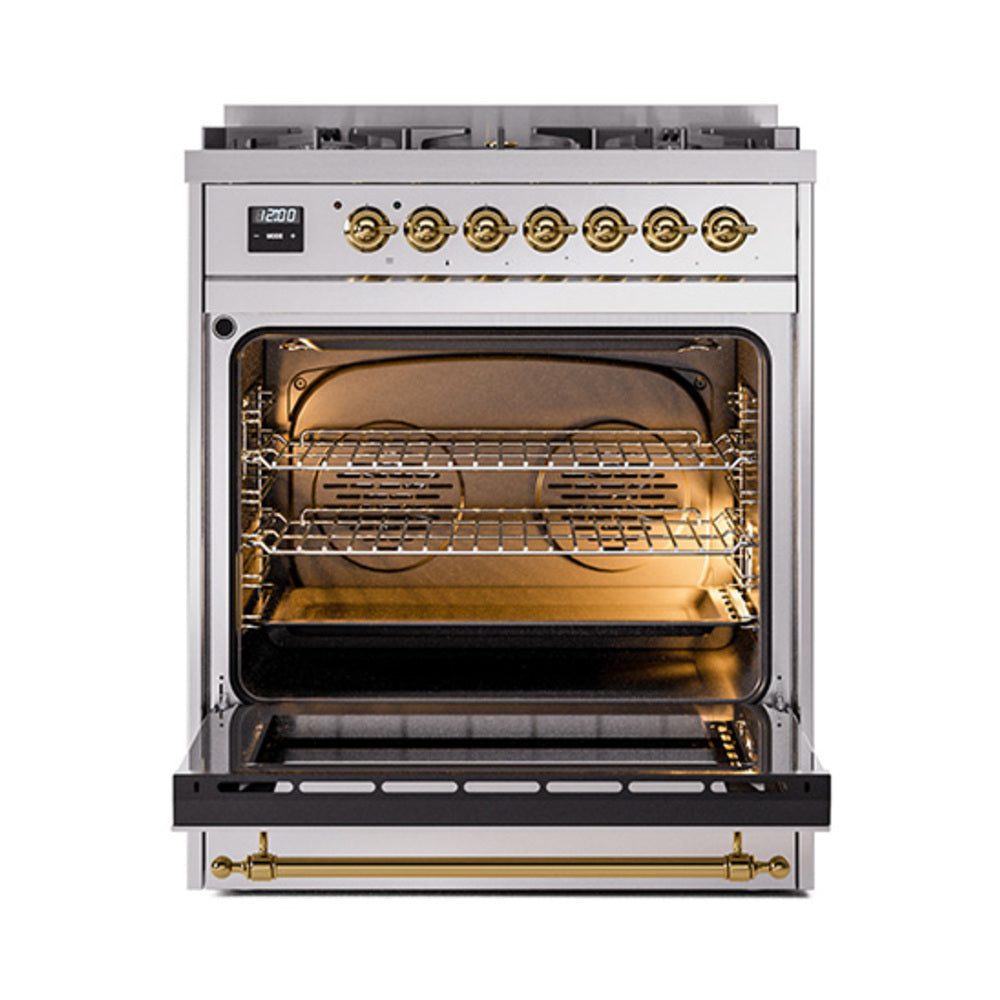 ILVE Nostalgie II Noblesse 30-Inch Natural Gas Dual Fuel Range with Solid Door in Stainless Steel with Brass Trim (UN30QNMPSSG)
