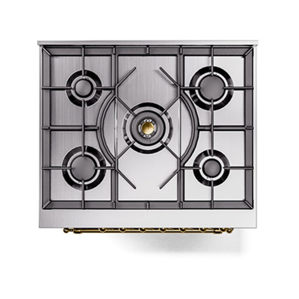 ILVE Nostalgie II Noblesse 30-Inch Natural Gas Dual Fuel Range with Solid Door in Stainless Steel with Brass Trim (UN30QNMPSSG)