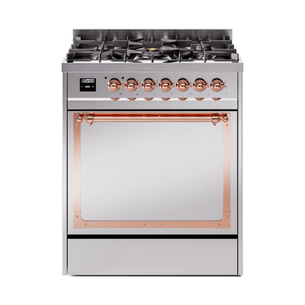 ILVE Nostalgie II Noblesse 30-Inch Propane Gas Dual Fuel Range with Solid Door in Stainless Steel with Copper Trim (UN30QNMPSSPLP)
