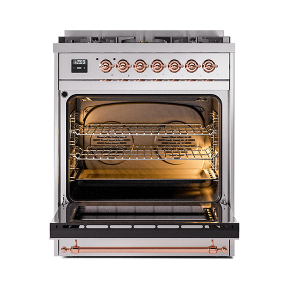 ILVE Nostalgie II Noblesse 30-Inch Natural Gas Dual Fuel Range with Solid Door in Stainless Steel with Copper Trim (UN30QNMPSSP)
