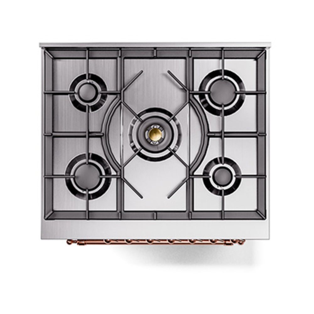 ILVE Nostalgie II Noblesse 30-Inch Natural Gas Dual Fuel Range with Solid Door in Stainless Steel with Copper Trim (UN30QNMPSSP)