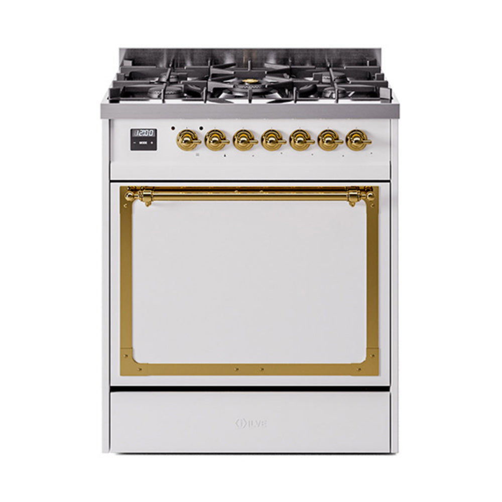 ILVE Nostalgie II Noblesse 30-Inch Propane Gas Dual Fuel Range, Solid Door Oven, White with Brass Trim (UN30QNMPWHGLP)