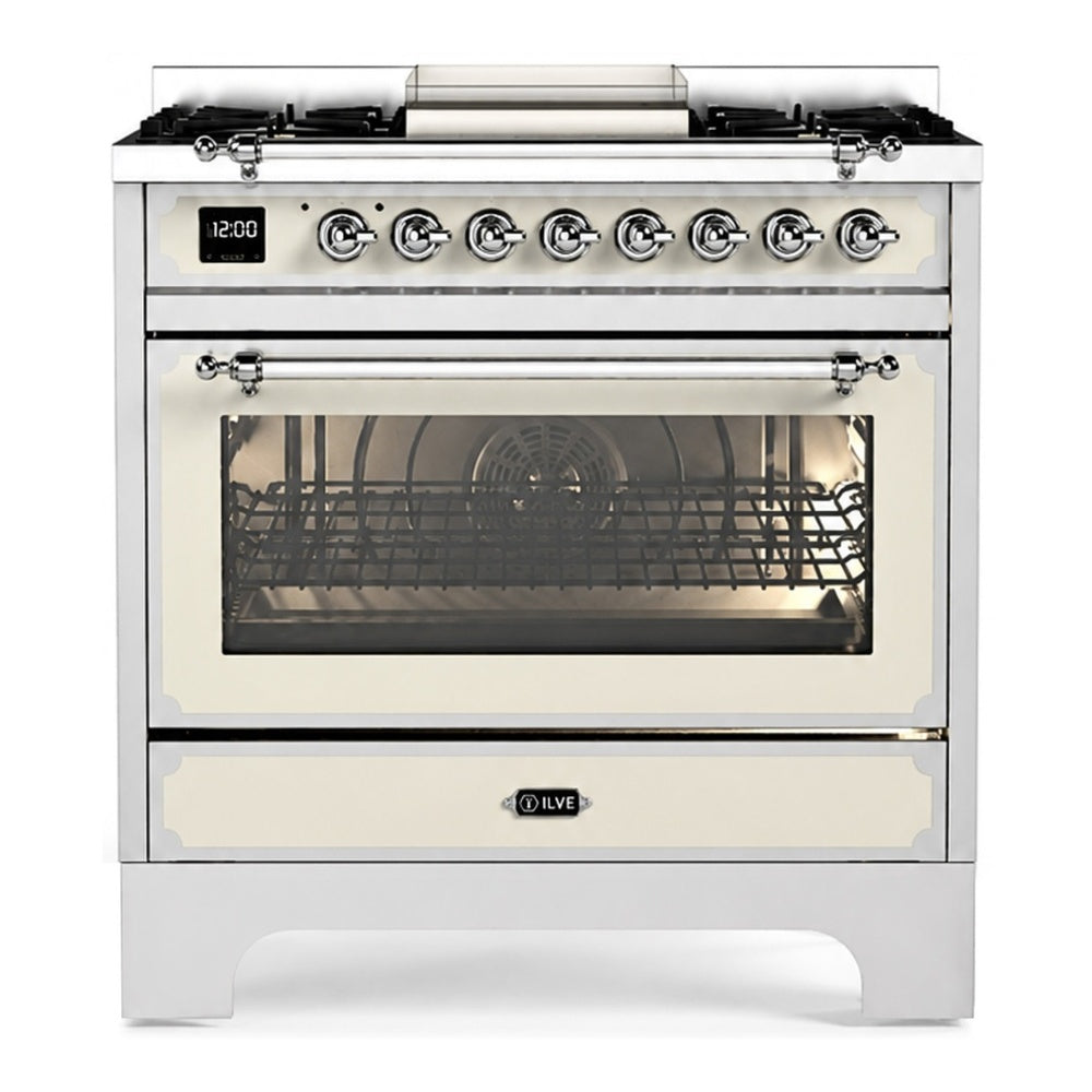 ILVE Decor 36-Inch Dual Fuel Range, 4 Gas Burners, Griddle, 25,000 BTU Dual Ring Burner, 4 Cu. Ft. Electric Oven, White (UN361FWMPWHC)