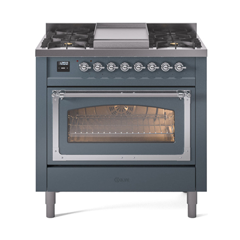 ILVE Nostalgie II Noblesse 36-Inch Natural Gas Dual Fuel Range and Triple Glass Door in Blue Grey with Chrome Trim (UN36FNMPBGC)