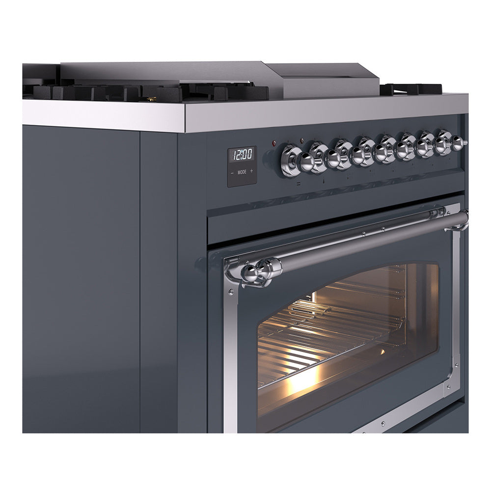 ILVE Nostalgie II Noblesse 36-Inch Propane Gas Dual Fuel Range and Triple Glass Door in Blue Grey with Chrome Trim (UN36FNMPBGCLP)