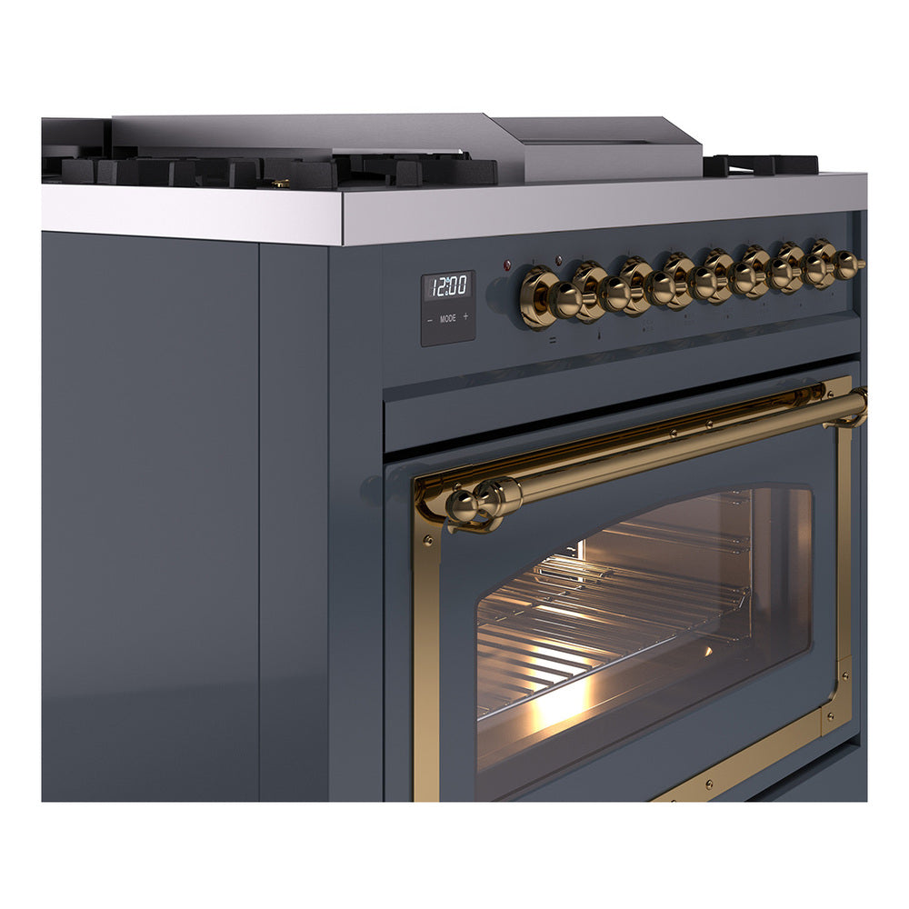 ILVE Nostalgie II Noblesse 36-Inch Natural Gas Dual Fuel Range and Triple Glass Door in Blue Grey with Brass Trim (UN36FNMPBGG)