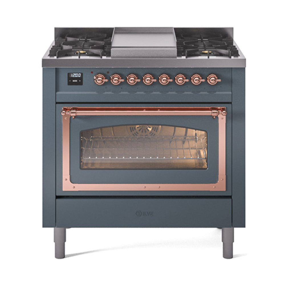 ILVE Nostalgie II Noblesse 36-Inch Natural Gas Dual Fuel Range and Triple Glass Door in Blue Grey with Copper Trim (UN36FNMPBGP)