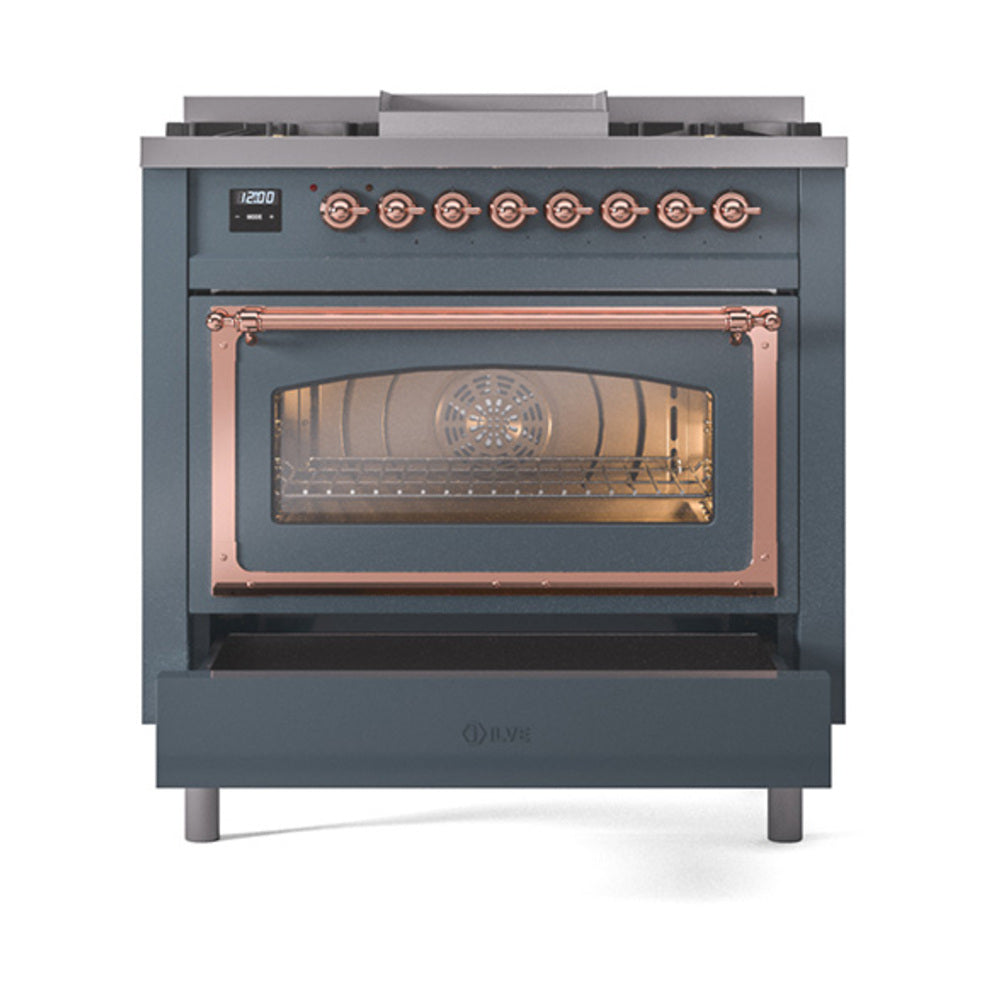 ILVE Nostalgie II Noblesse 36-Inch Natural Gas Dual Fuel Range and Triple Glass Door in Blue Grey with Copper Trim (UN36FNMPBGP)