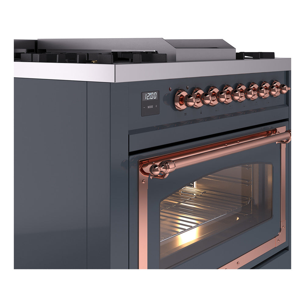 ILVE Nostalgie II Noblesse 36-Inch Natural Gas Dual Fuel Range and Triple Glass Door in Blue Grey with Copper Trim (UN36FNMPBGP)