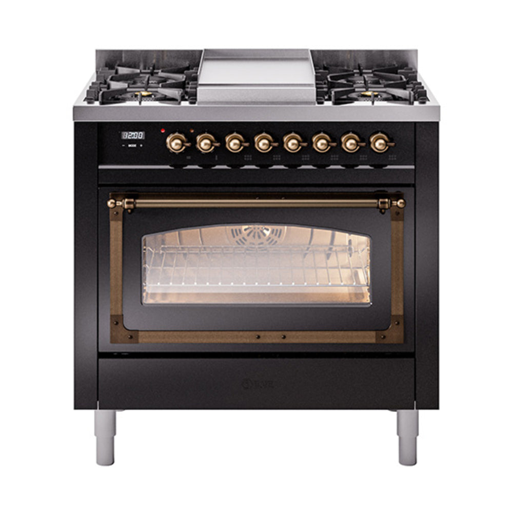 ILVE Nostalgie II Noblesse 36-Inch Natural Gas Dual Fuel Range and Triple Glass Door in Glossy Black with Burnished Bronze Trim (UN36FNMPBKB)