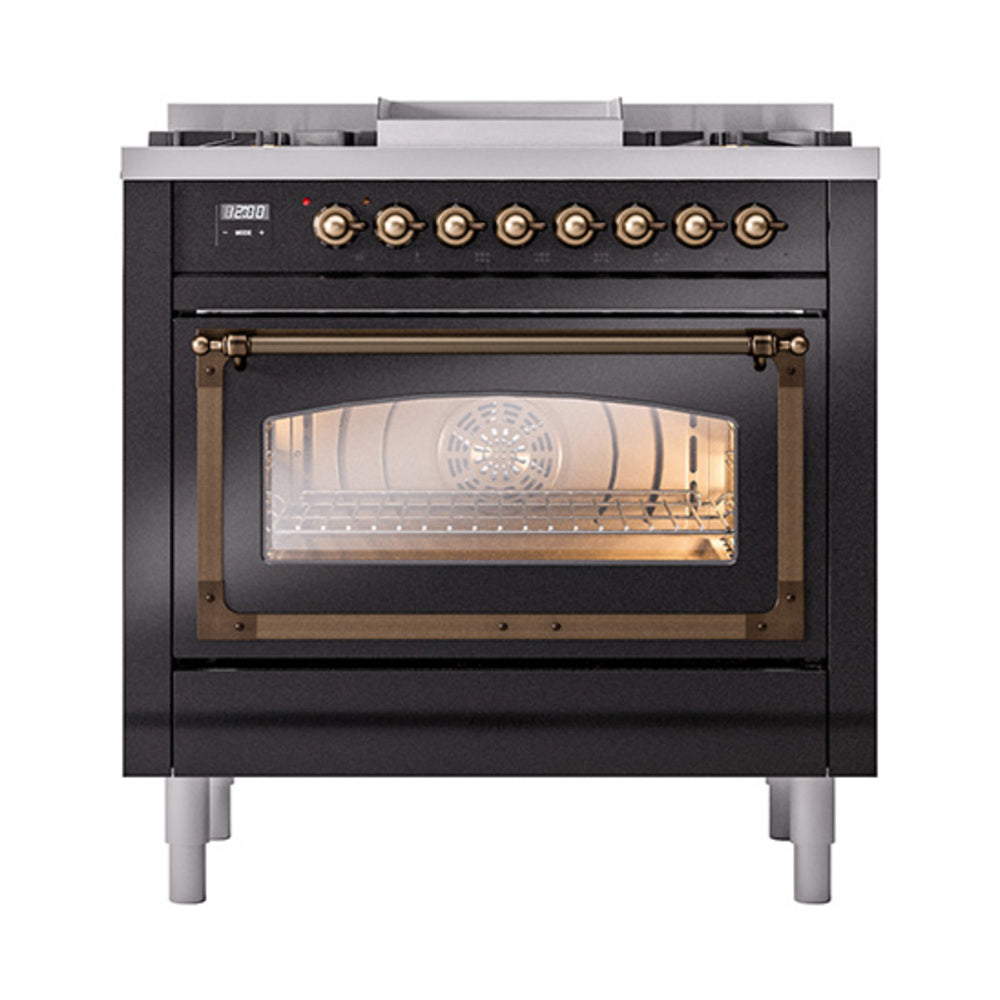 ILVE Nostalgie II Noblesse 36-Inch Natural Gas Dual Fuel Range and Triple Glass Door in Glossy Black with Burnished Bronze Trim (UN36FNMPBKB)