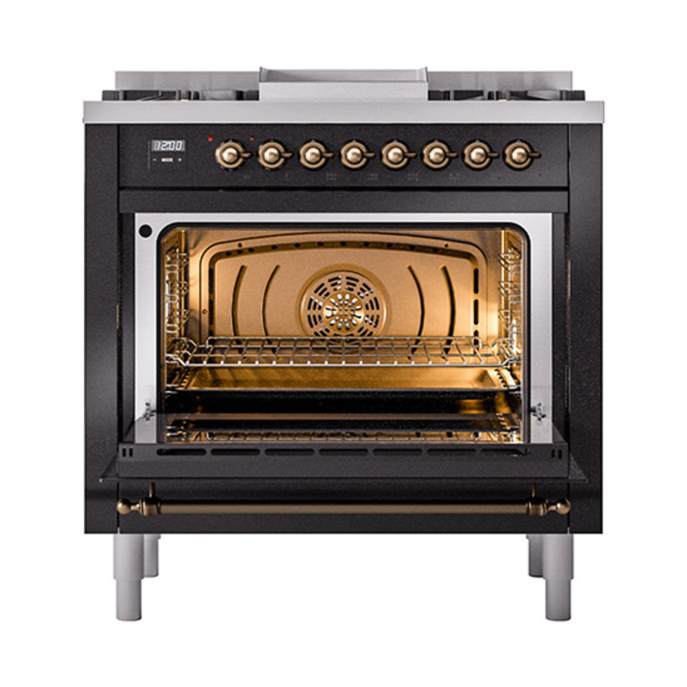 ILVE Nostalgie II Noblesse 36-Inch Natural Gas Dual Fuel Range and Triple Glass Door in Glossy Black with Burnished Bronze Trim (UN36FNMPBKB)
