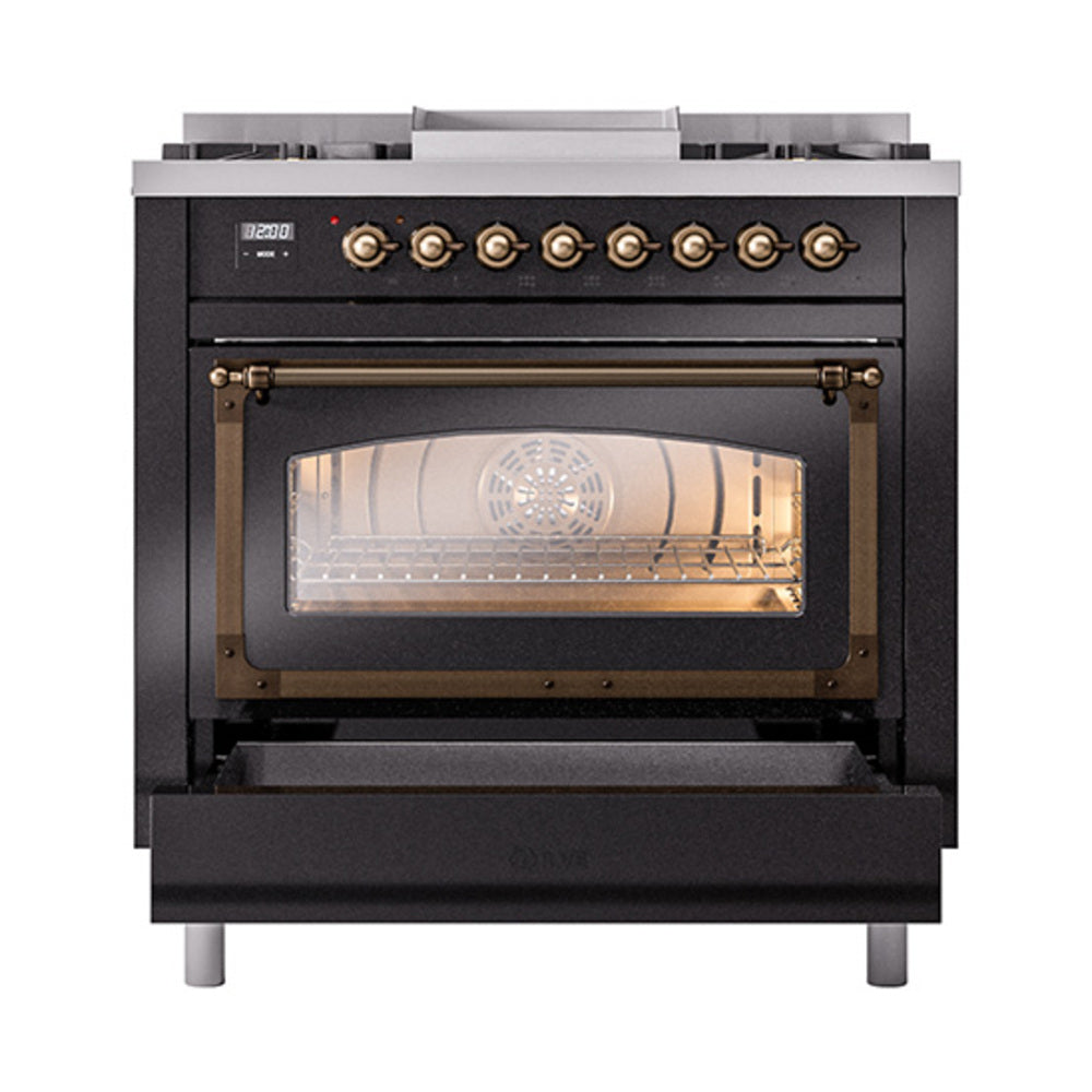 ILVE Nostalgie II Noblesse 36-Inch Propane Gas Dual Fuel Range and Triple Glass Door in Glossy Black with Burnished Bronze Trim (UN36FNMPBKBLP)