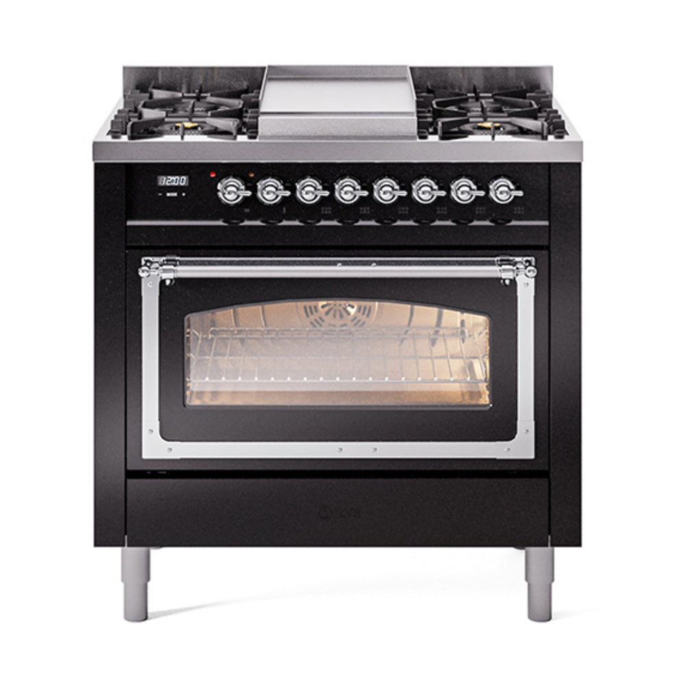 ILVE Nostalgie II Noblesse 36-Inch Natural Gas Dual Fuel Range and Triple Glass Door in Glossy Black with Chrome Trim (UN36FNMPBKC)