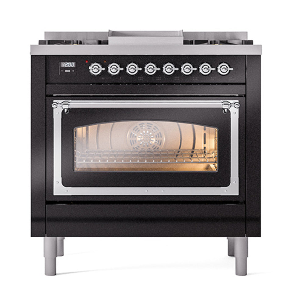 ILVE Nostalgie II Noblesse 36-Inch Propane Gas Dual Fuel Range and Triple Glass Door in Glossy Black with Chrome Trim (UN36FNMPBKCLP)