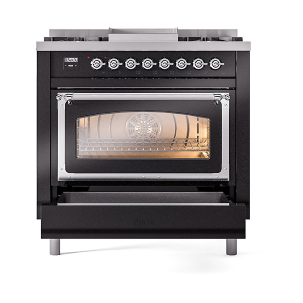 ILVE Nostalgie II Noblesse 36-Inch Propane Gas Dual Fuel Range and Triple Glass Door in Glossy Black with Chrome Trim (UN36FNMPBKCLP)