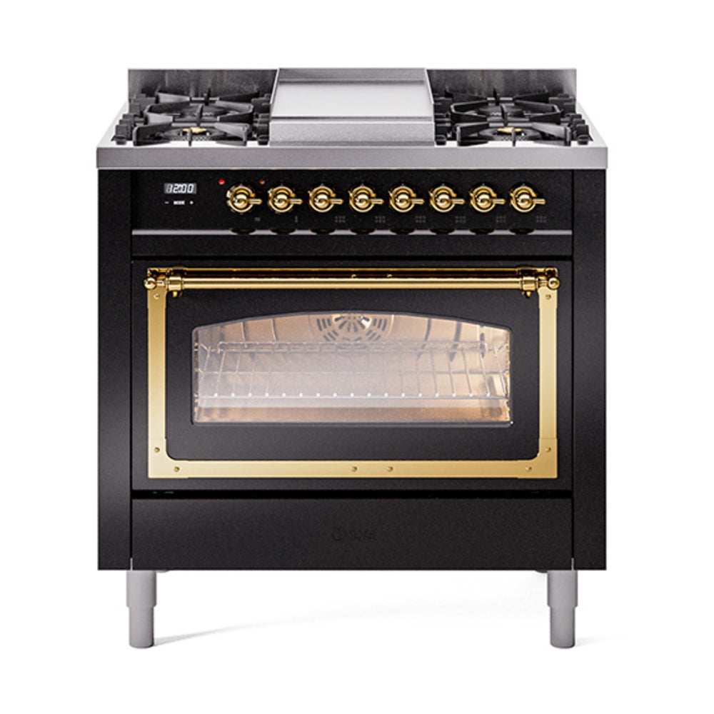 ILVE Nostalgie II Noblesse 36-Inch Propane Dual Fuel Range, Triple Glass Door, Glossy Black with Brass Trim (UN36FNMPBKGLP)
